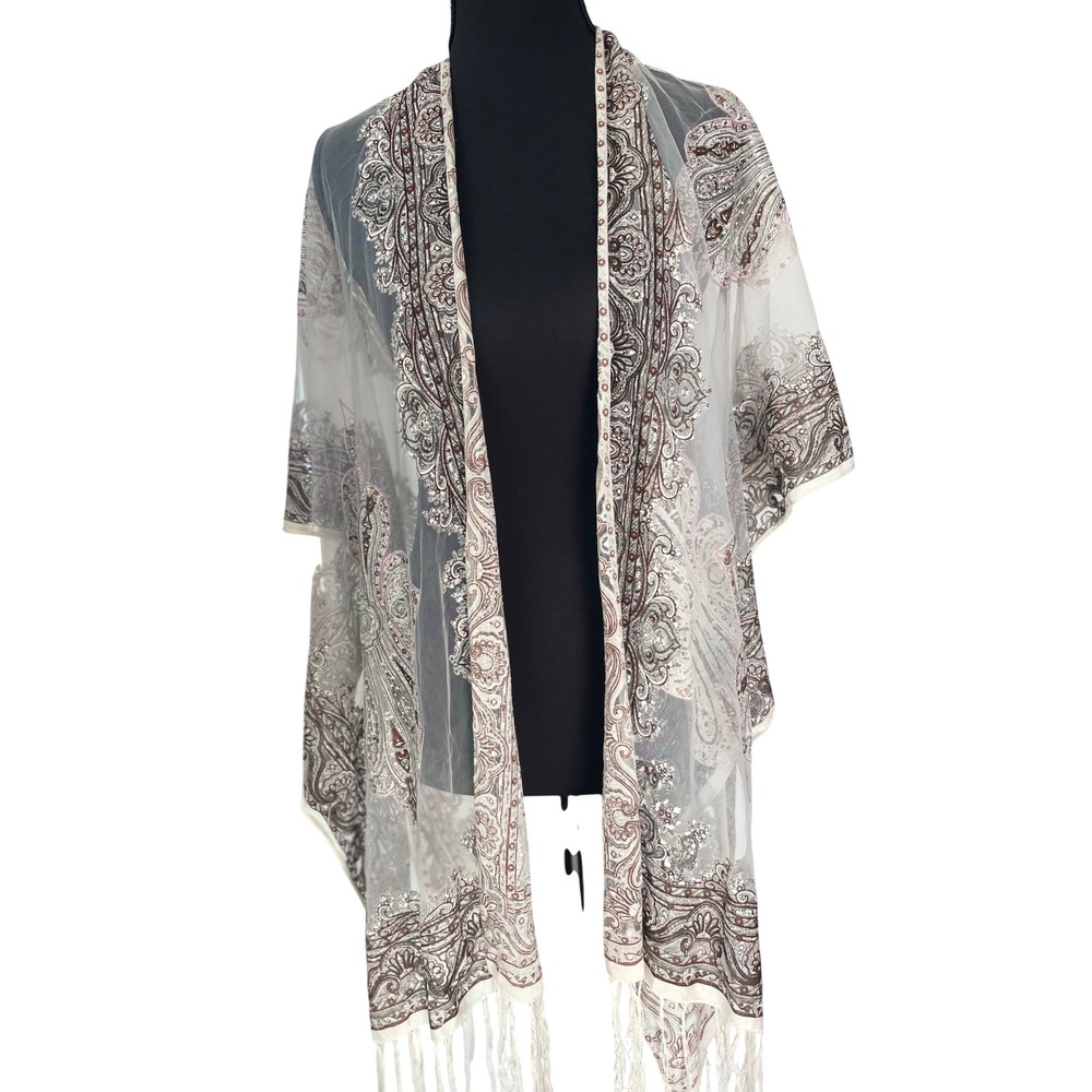 David and Young Paisley Kimono Women OS White Brown Sheer Fringe Beach Coverup